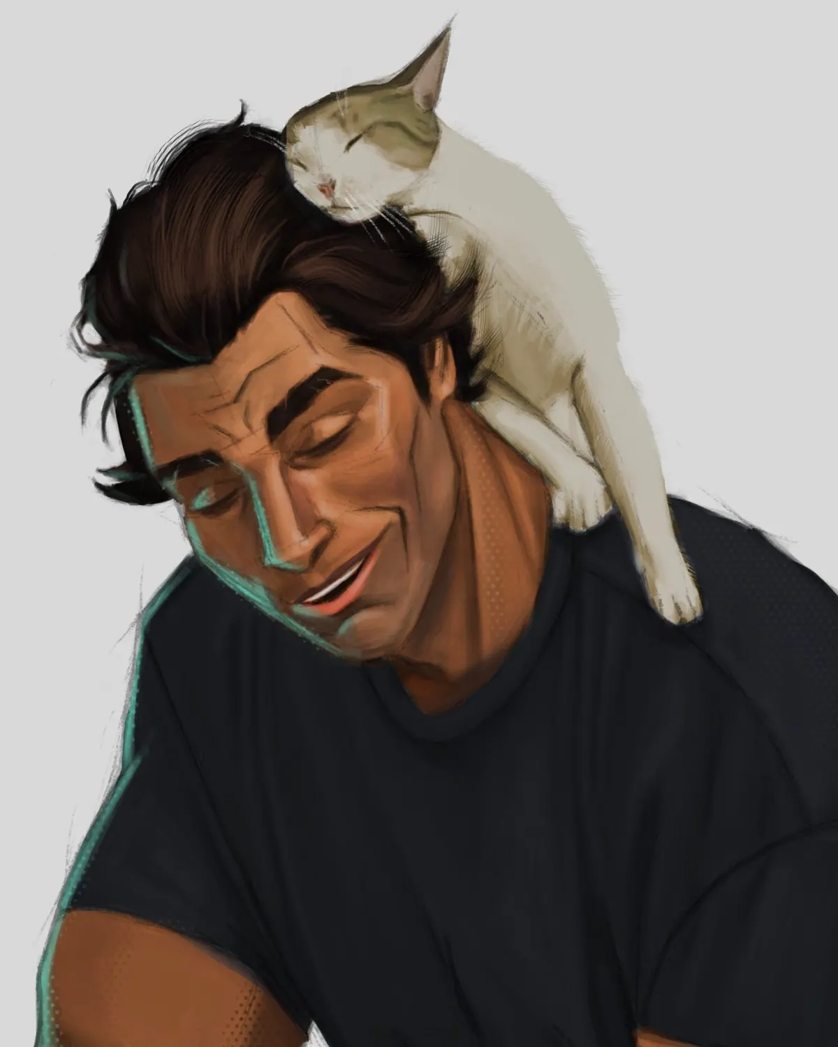 Miguel O’Hara smiling with a white cat draped over his shoulders, a warm off-duty piece by KKay