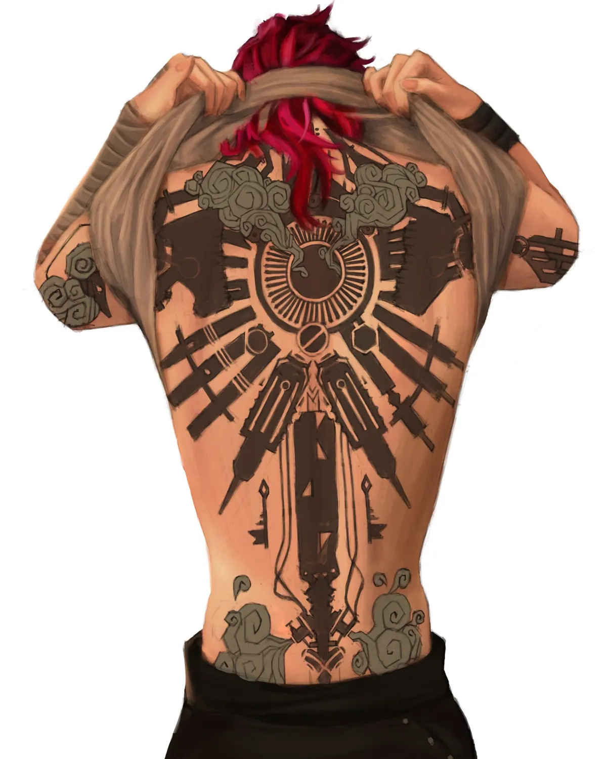 Vi from Arcane seen from behind pulling her shirt over her head, revealing a large detailed back tattoo, red hair, white background
