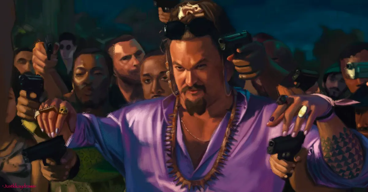 Painted study of a film still showing a man in a purple shirt at the centre of a crowd with several people pointing guns at him