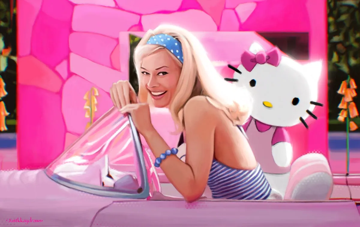 Painted study of a film still: a smiling blonde woman in a pink convertible next to a giant Hello Kitty, everything in saturated pink