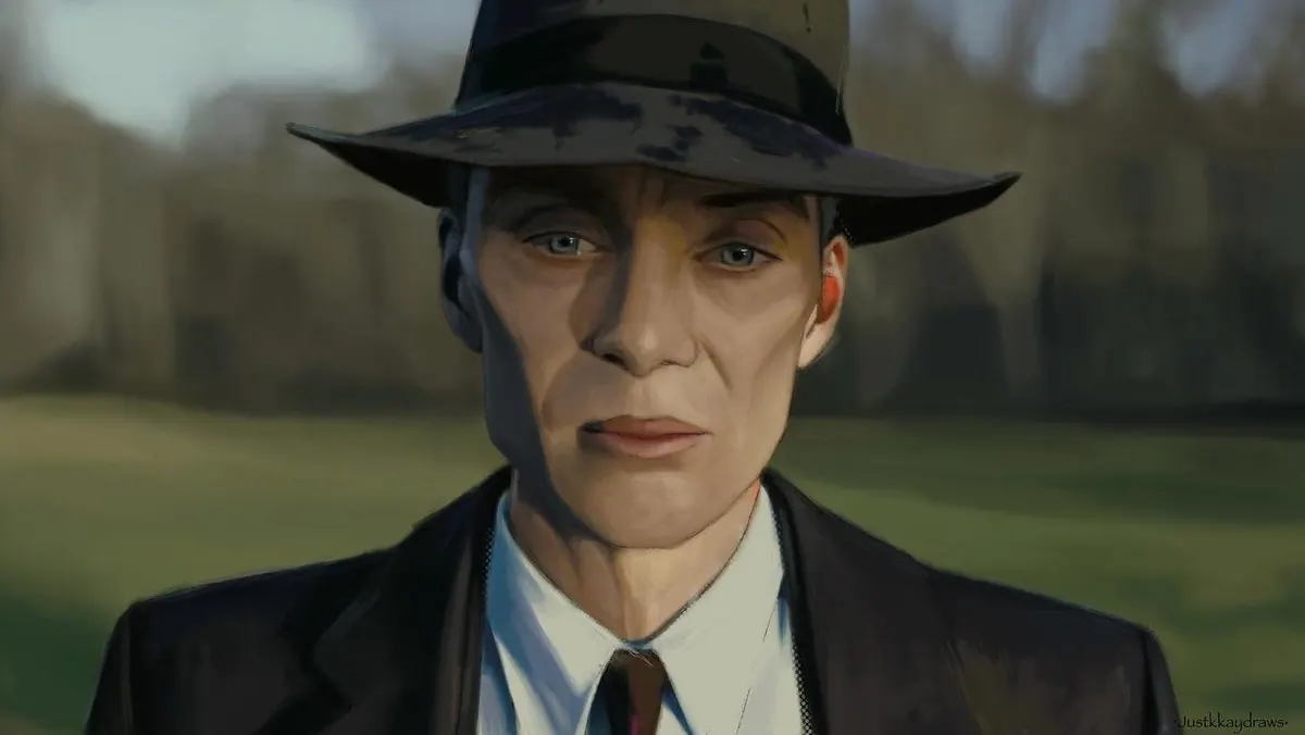 Painted study of a film still: a gaunt man in a wide-brimmed hat and dark suit against a blurred green landscape