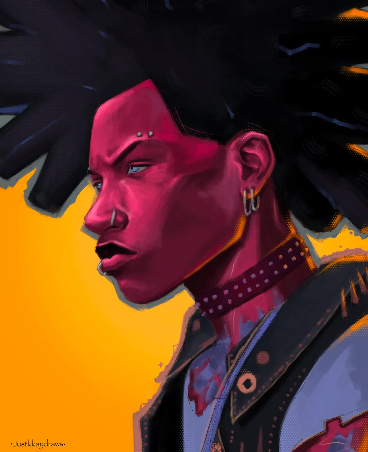 Profile portrait of Hobie Brown, Spider-Punk, with a tall mohawk, piercings and a spiked collar against a bright orange background