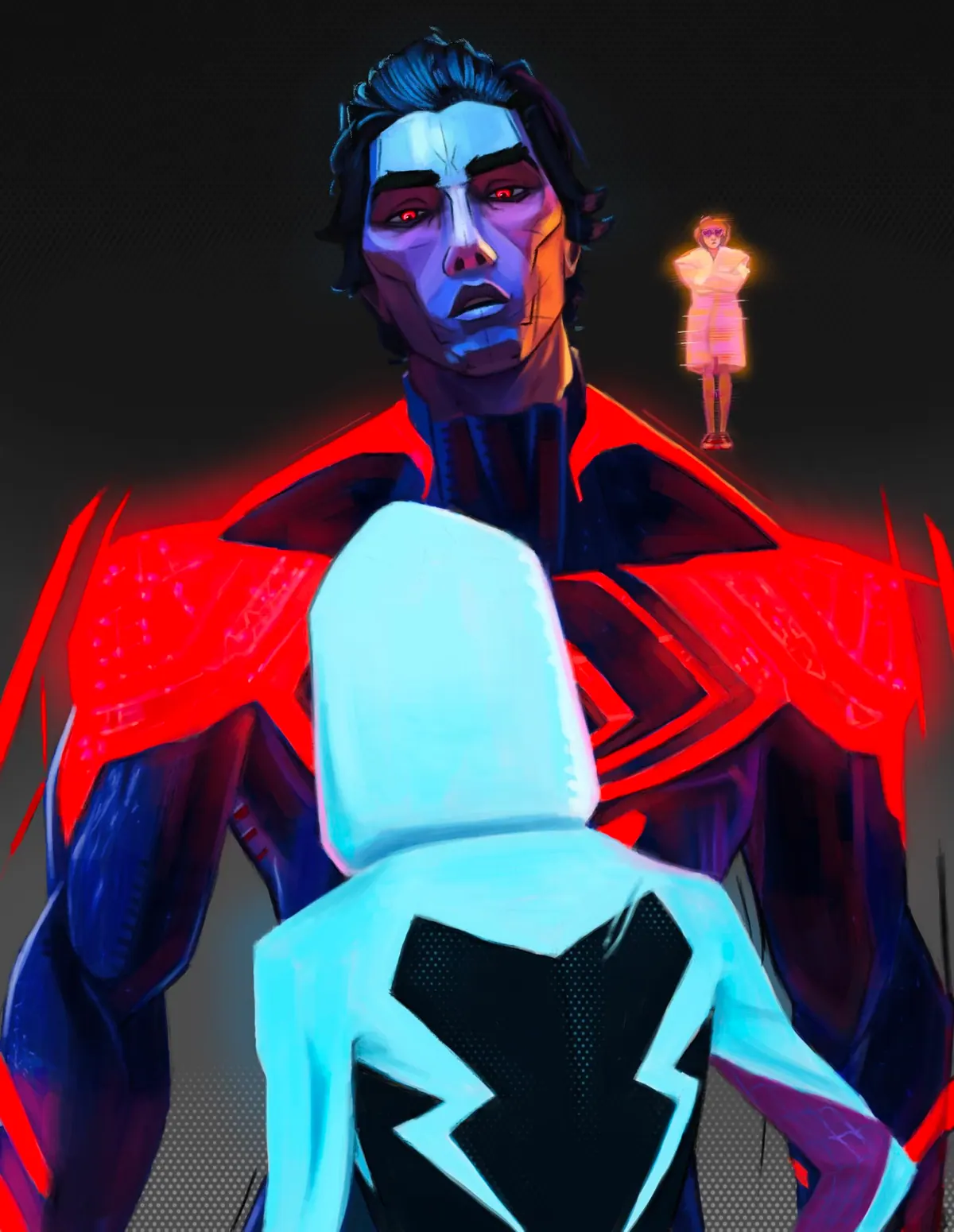 Miguel O’Hara in his red and blue suit looking down at Gwen Stacy, seen from behind in her white hood, with Lyla’s hologram glowing beside them