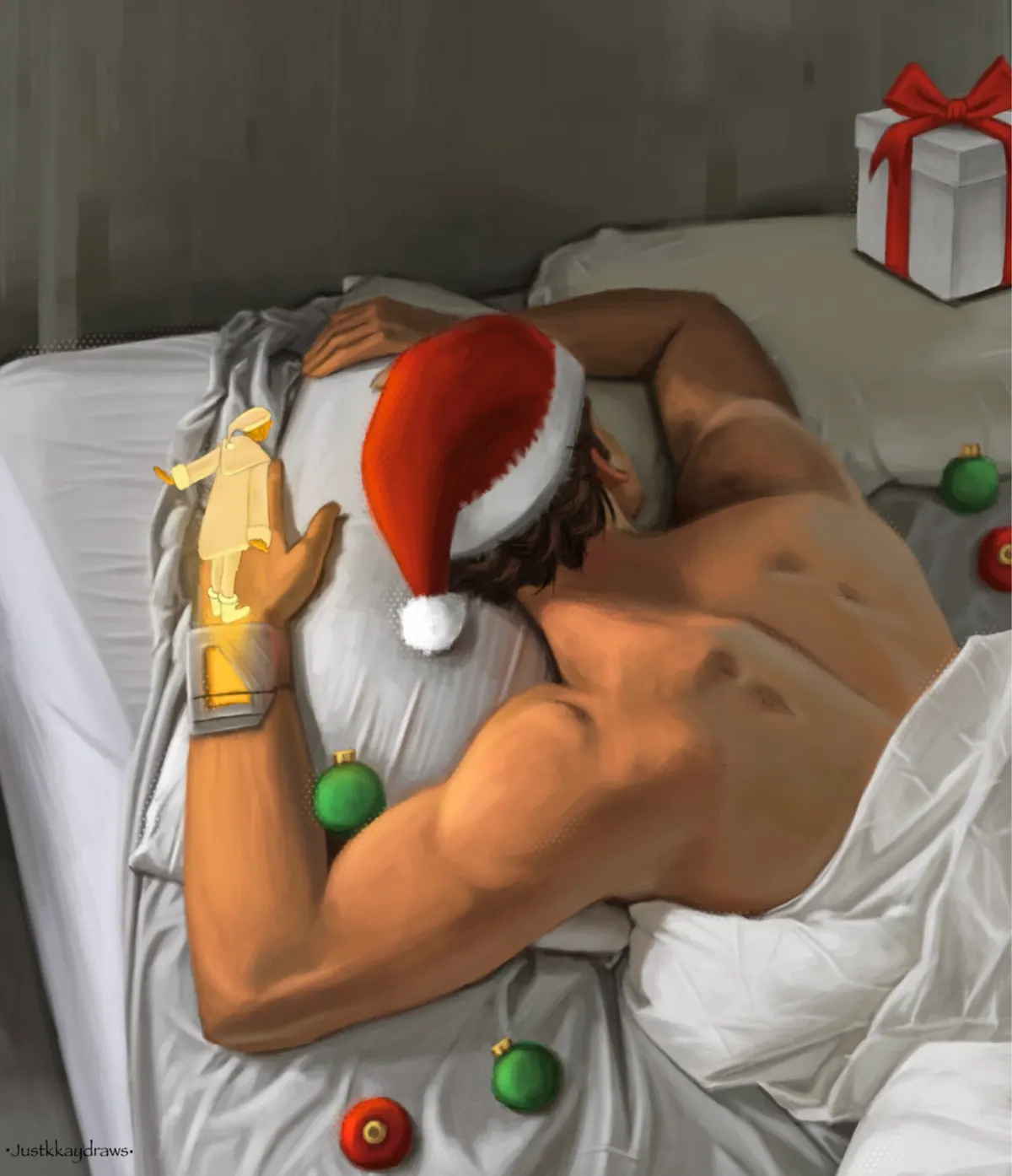Miguel O’Hara asleep face-down in white bedsheets wearing a Santa hat, surrounded by baubles and a wrapped gift