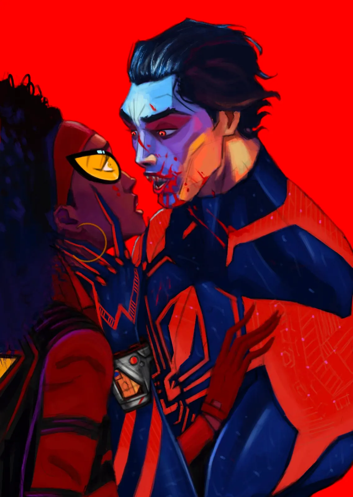 Miguel O’Hara face to face with a masked Spider, both in red and blue suits, on a flat bright red background