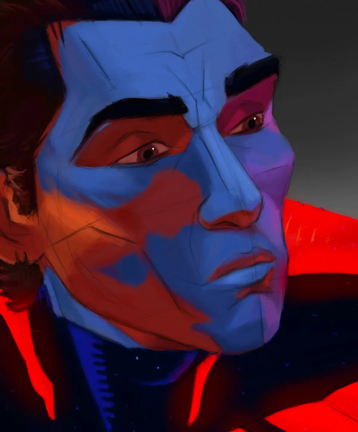 Tight close-up of Miguel O’Hara’s face lit with blue light on one side and red on the other, eyes looking down