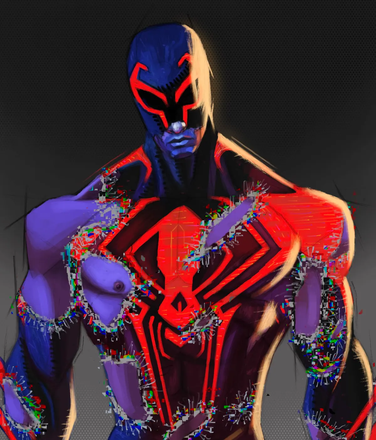 Miguel O’Hara in his suit with the image breaking into purple and red glitch fragments and halftone texture, in full Spider-Verse style