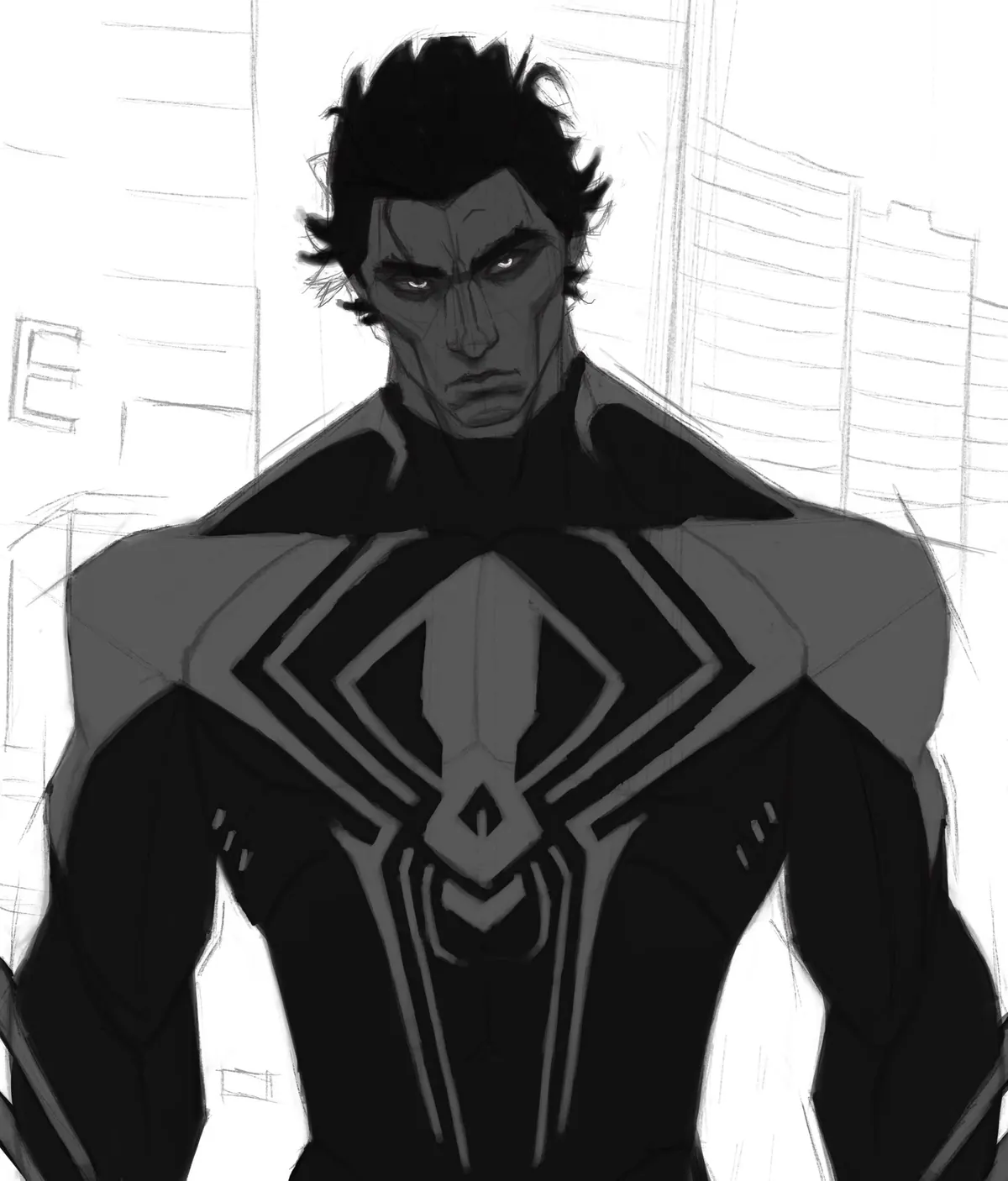 Black and white lineart of Miguel O’Hara standing in his suit, glaring, with loose perspective lines of a city sketched behind him