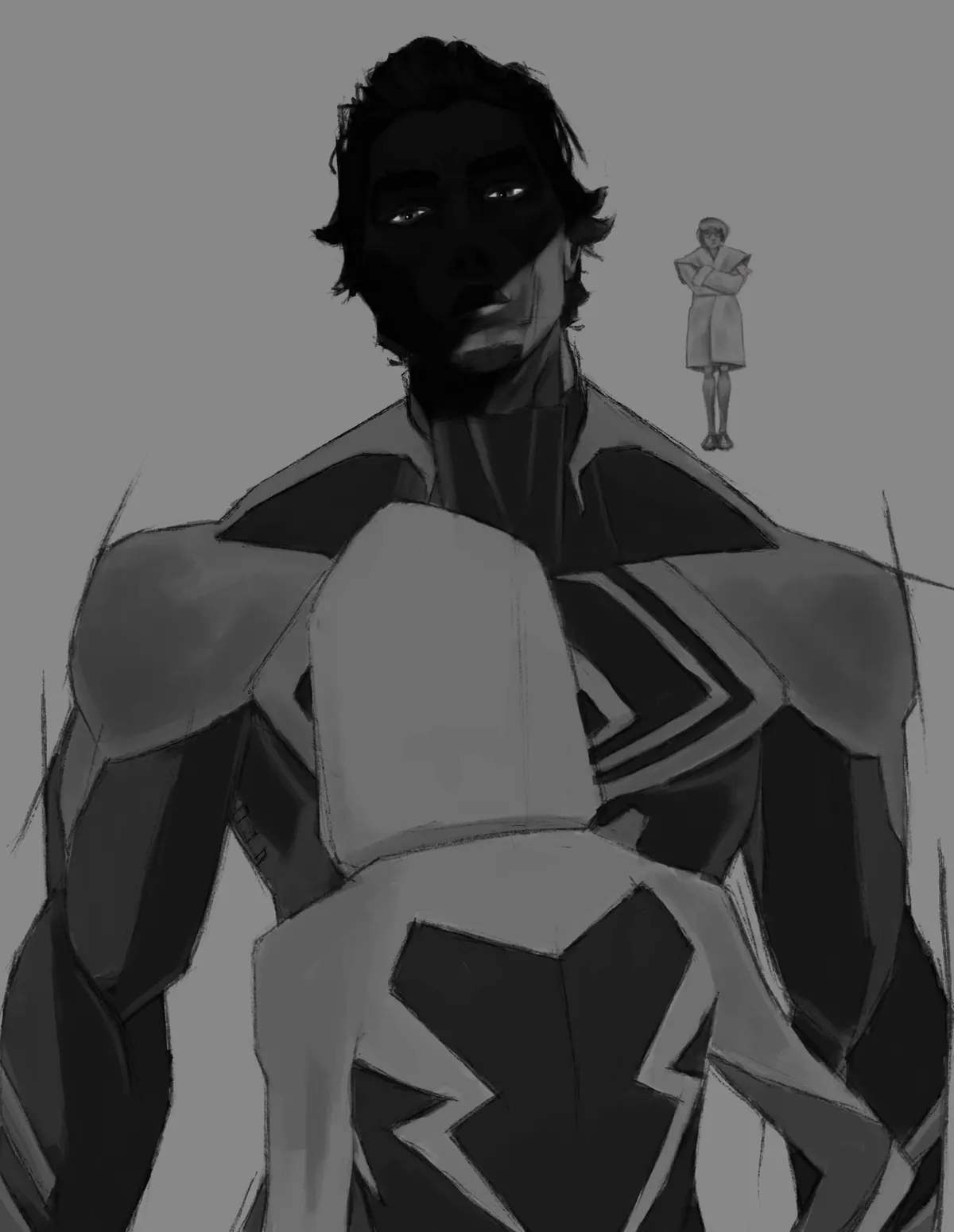Greyscale study of Miguel O’Hara in his suit with a small sketch of Lyla’s hologram beside his shoulder