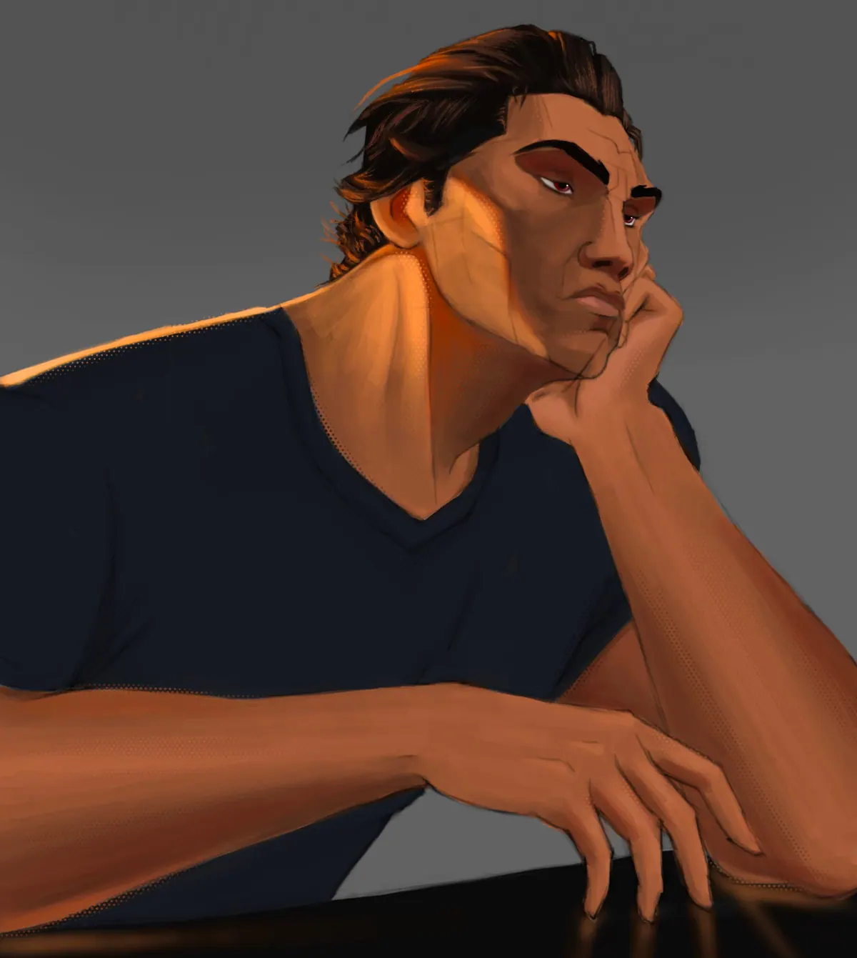 Miguel O’Hara out of costume in a dark t-shirt, resting his cheek on his hand and looking to the side in warm light