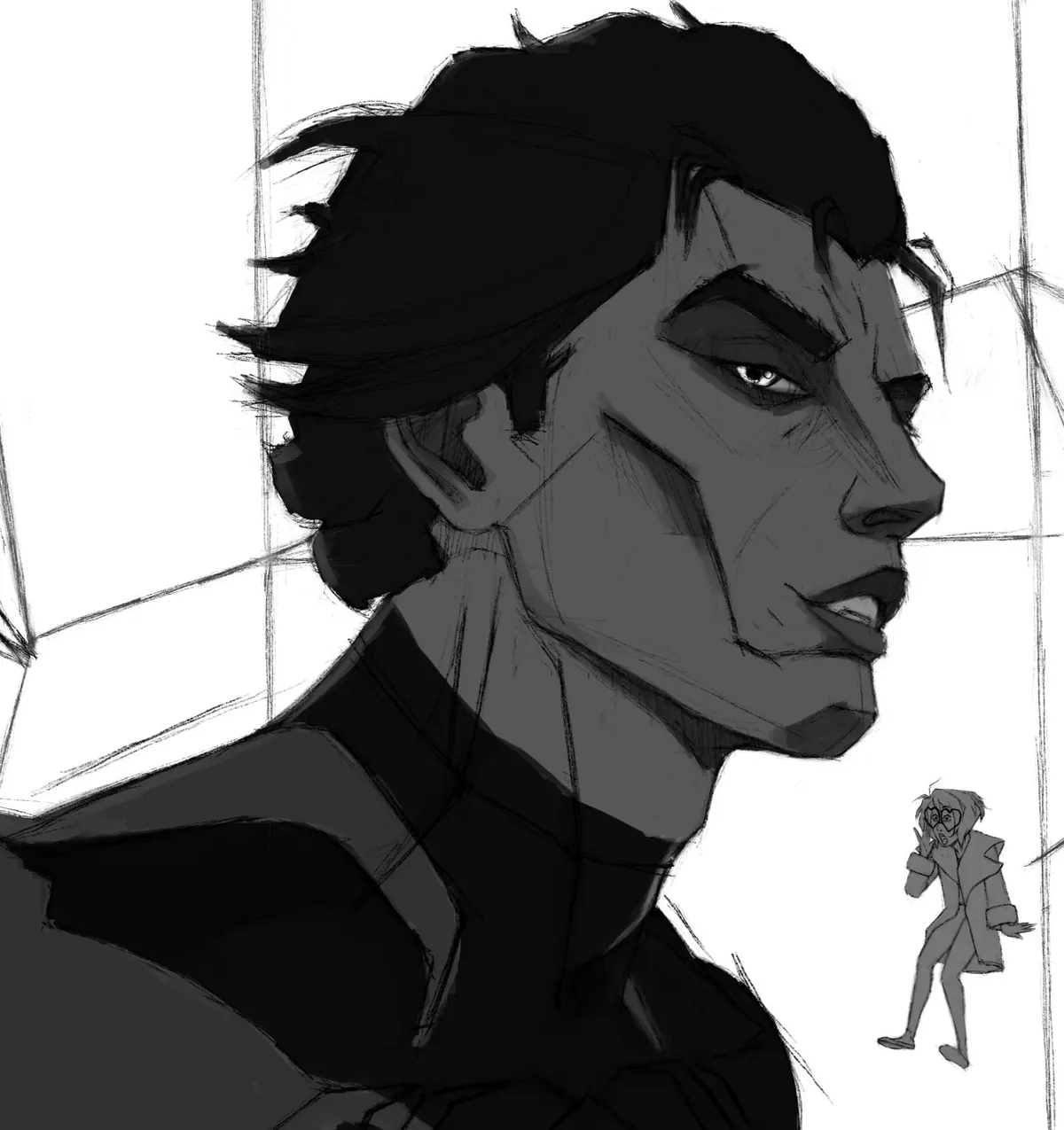 Greyscale sketch of Miguel O’Hara in profile looking down, with a small full-figure thumbnail sketched in the corner