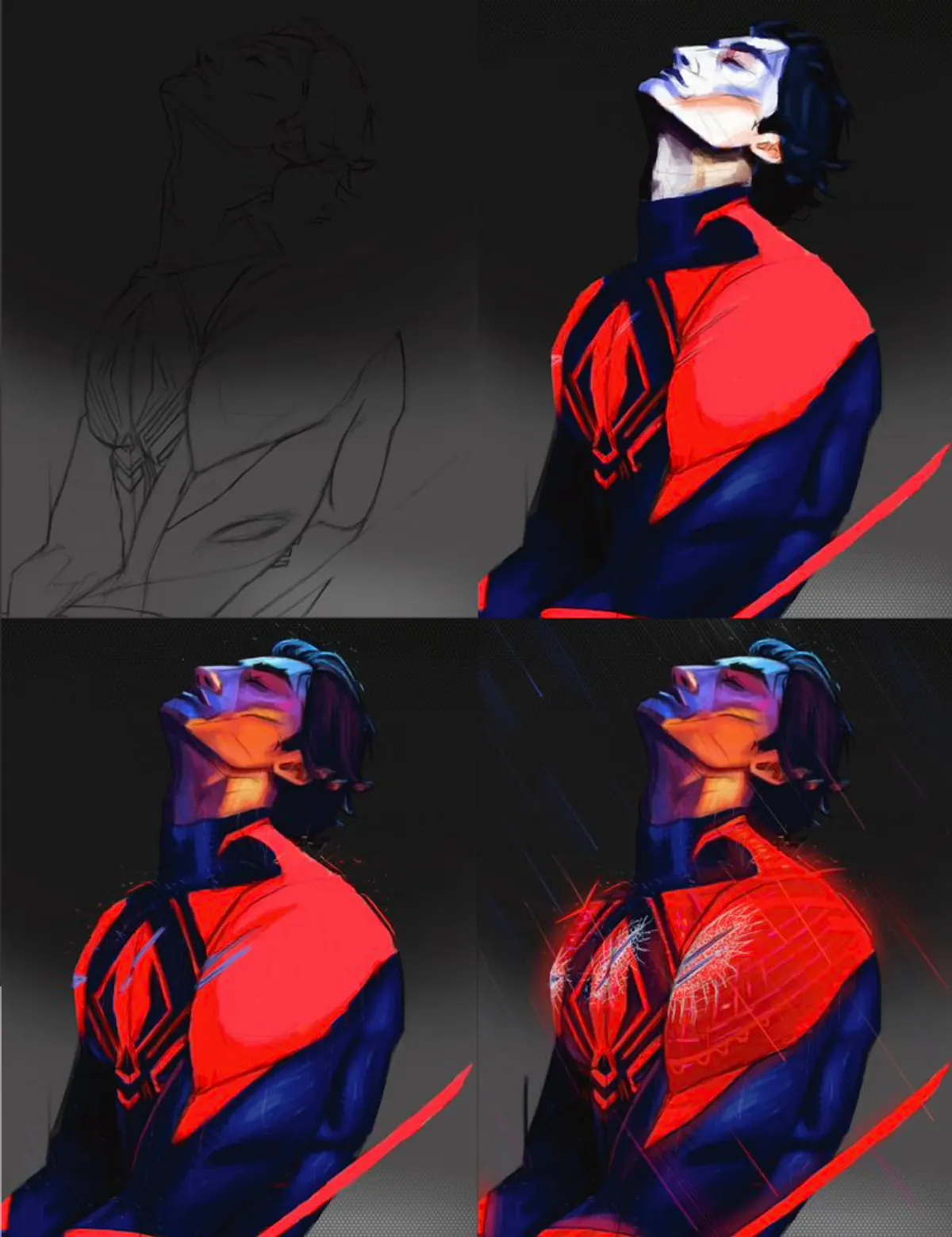 Four-panel process of the Miguel O’Hara rain portrait: pencil sketch, lineart over grey, flat colour, and the final rendered painting