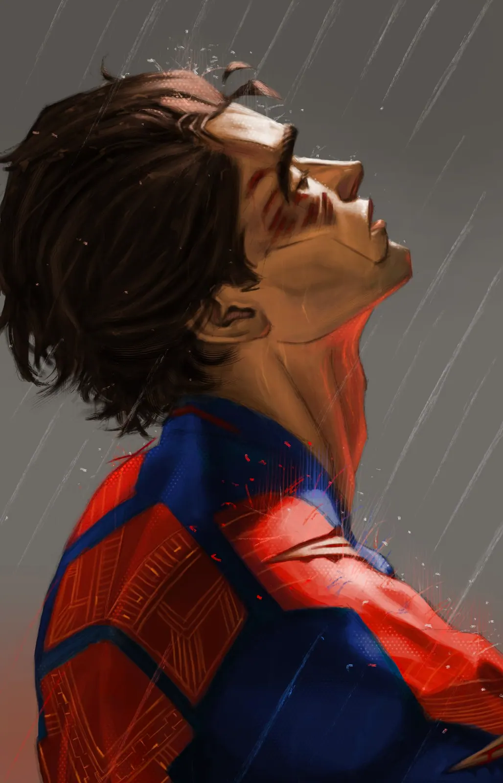 Side profile of Miguel O’Hara with his head tilted back in the rain, red and blue suit, soft grey background