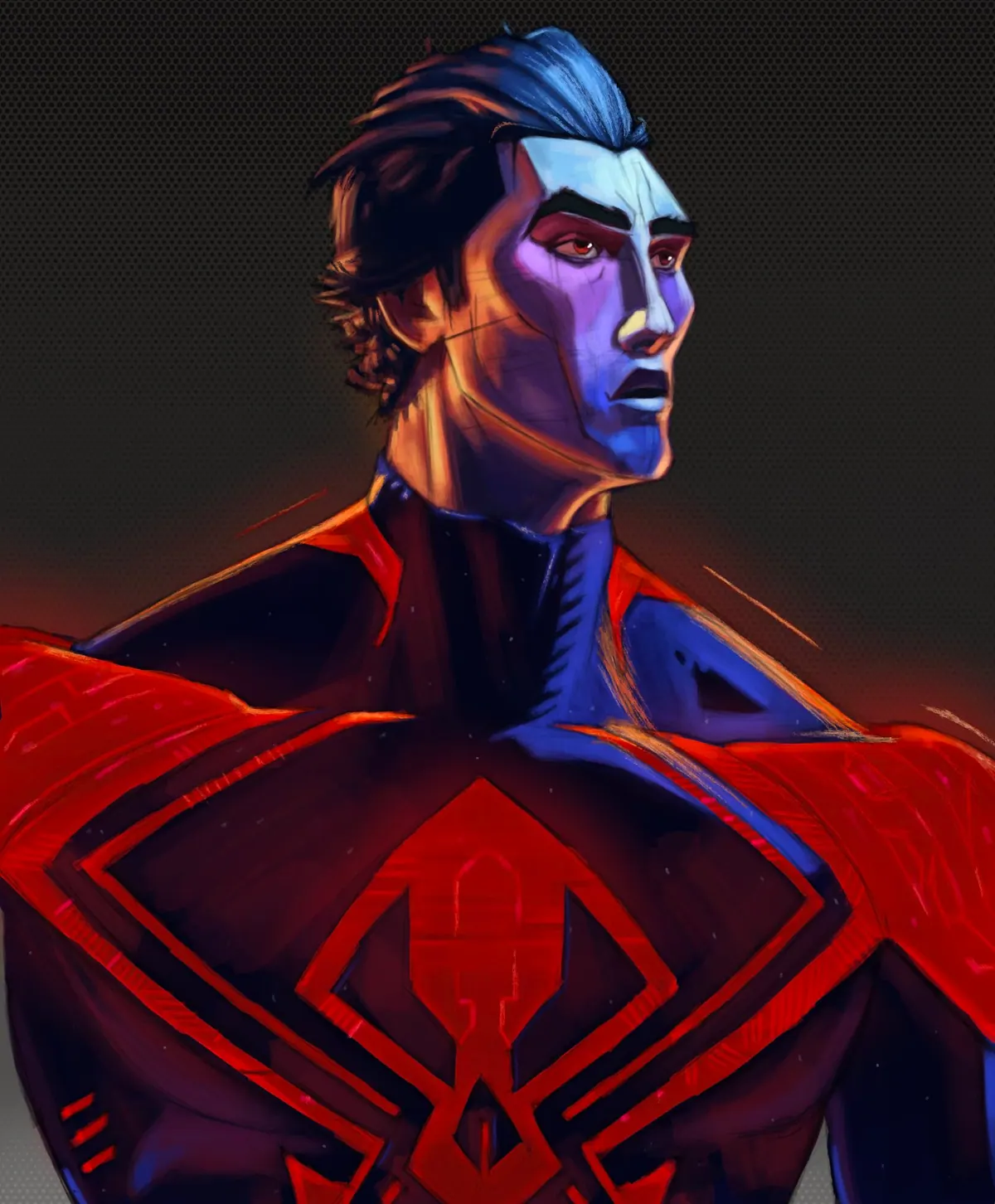 Miguel O’Hara looking over his shoulder, warm orange rim light on his face and a red glow across the suit’s spider emblem
