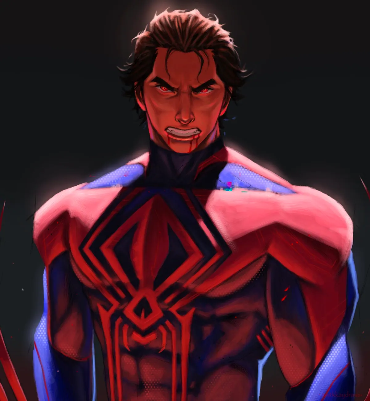 Miguel O’Hara baring his teeth in a snarl, red suit lit from above, harsh light on his face against black