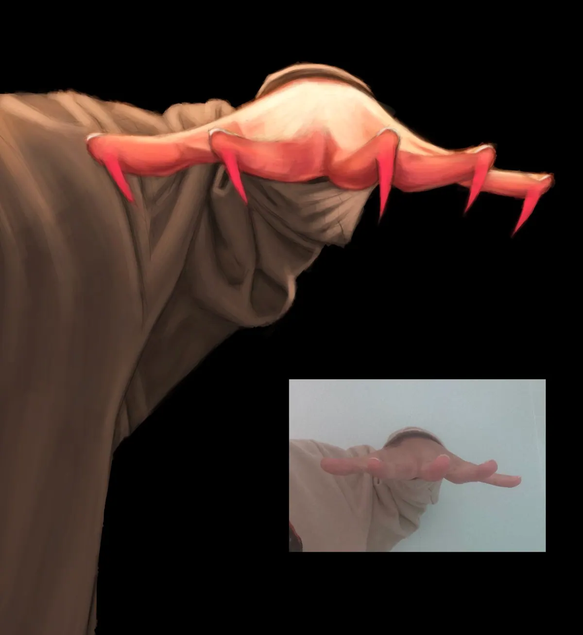 Painted study of a hand with long red claws draped over a brown cloth, with the photo reference of the real hand shown in a small inset