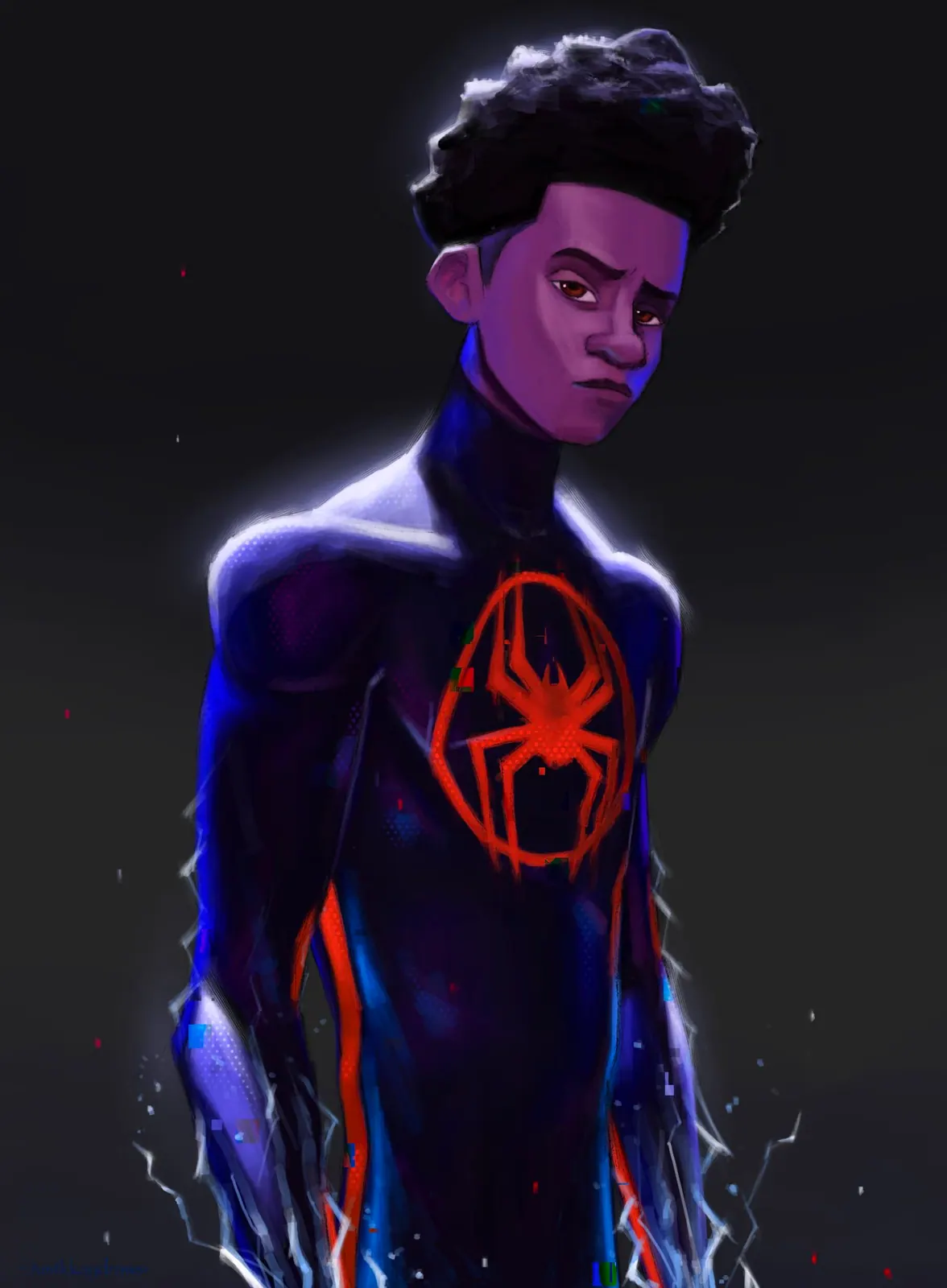 Miles Morales standing in his black and red Spider-Verse suit, mask off, edged in purple and blue neon light with a glitch effect