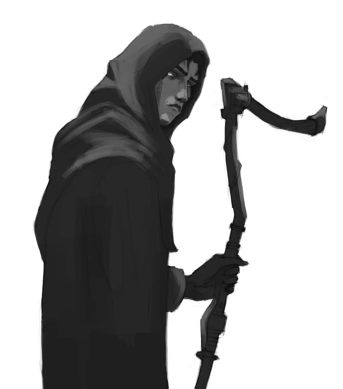 Monochrome study of a hooded figure holding a long curved blade, face half hidden in shadow, painted in soft greys