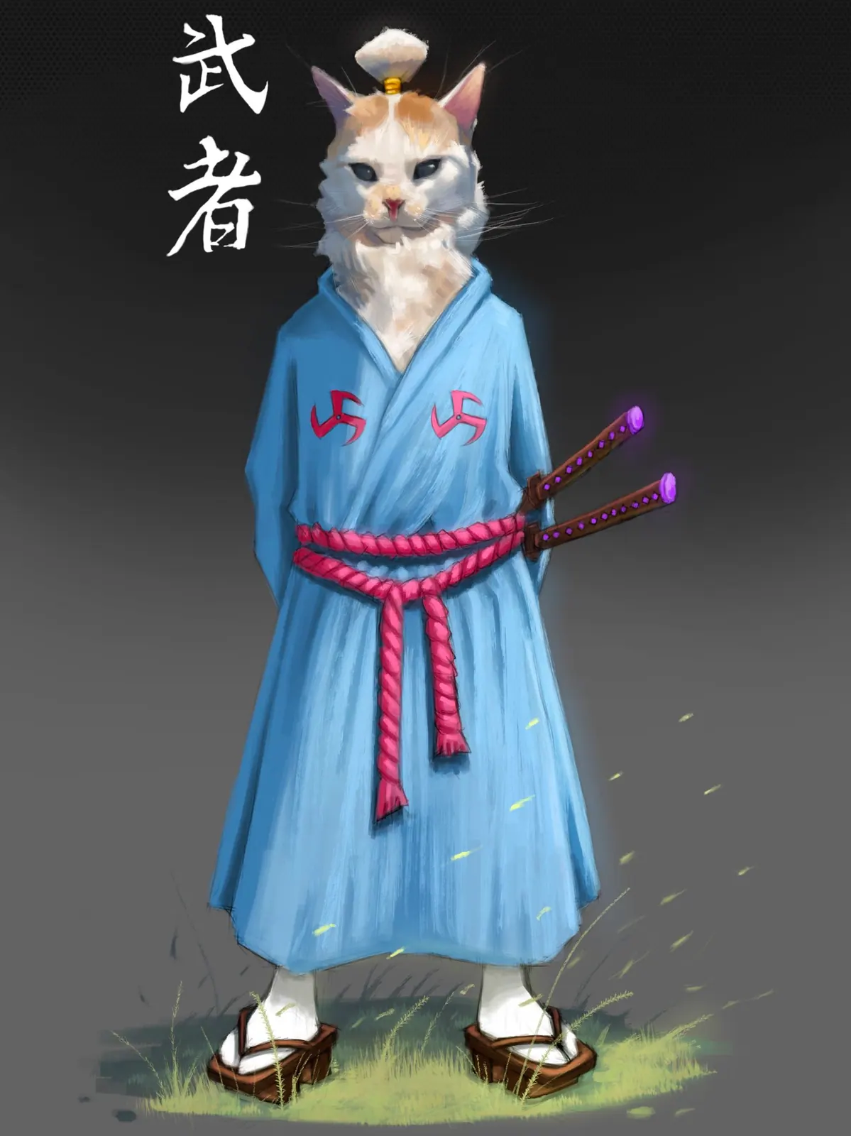 A white cat samurai in a pale blue kimono with a pink sash and two swords, standing on grass, with the kanji for Musha painted above