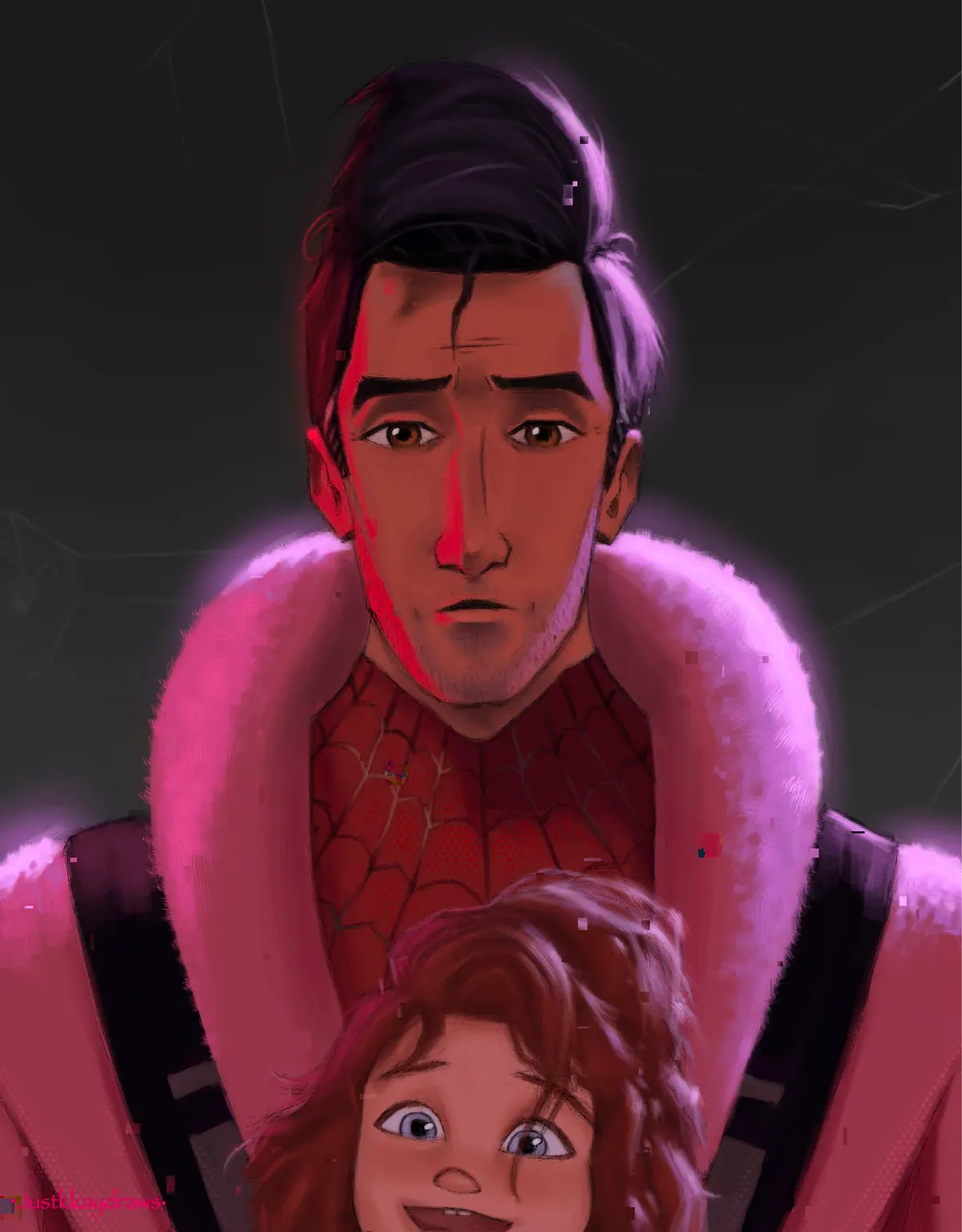 Peter B. Parker in a pink fluffy robe over his Spider-Man suit holding baby Mayday, both lit in warm pink light