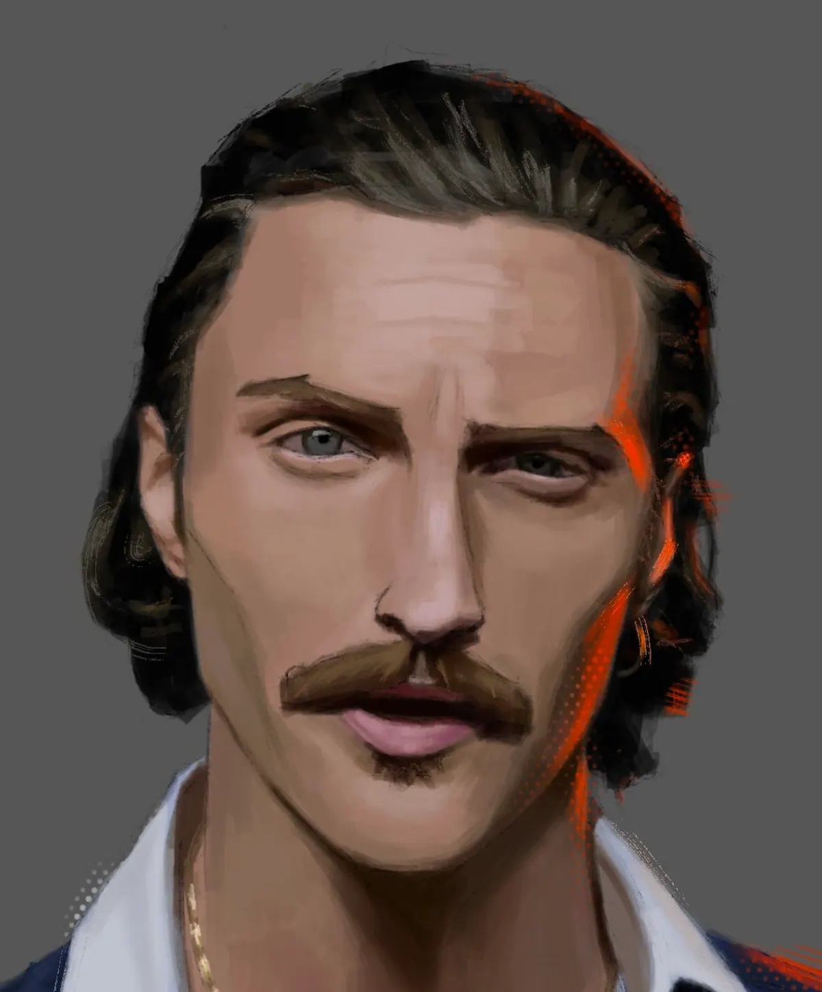 Realistic painted portrait study of a man with slicked-back hair, a moustache, an open white collar and a gold chain