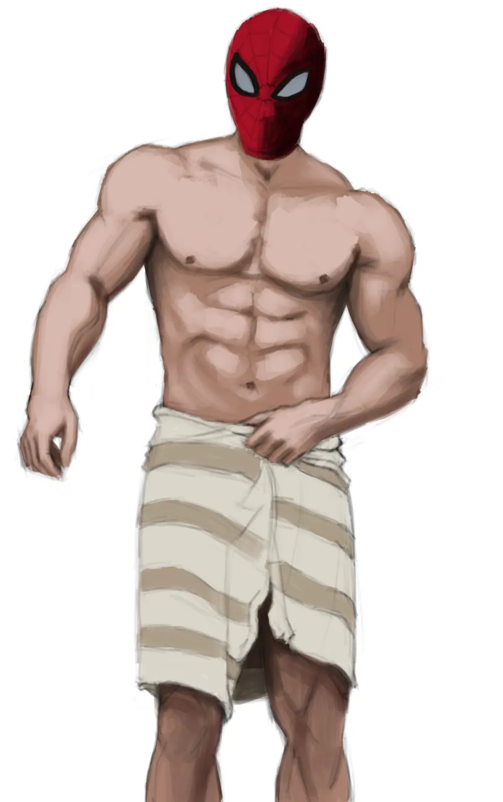 Spider-Man wearing only his mask and a striped towel around his waist, standing on a white background, flexing slightly