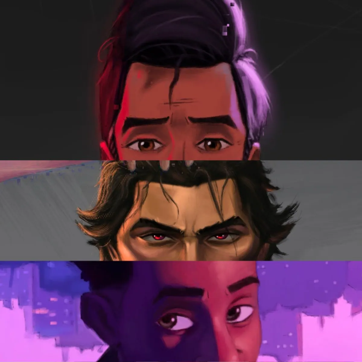 Three stacked widescreen crops of eyes: Miguel O’Hara under purple light, Miguel under red light, and Miles Morales under pink and purple city light