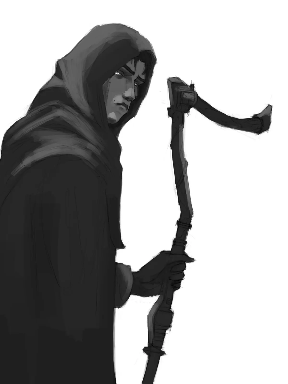 Monochrome study of a hooded figure holding a long curved blade, face half in shadow: the Shadow from Musha: White Shadow